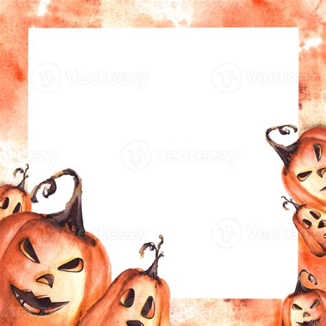 Happy Halloween Pumpkin Scary Face Square Frame With Orange Watercolor Stains Autumn