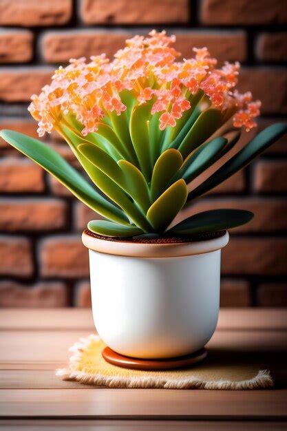 Flor Kalanchoe Em Vaso Branco Sobre A Mesa Fundo De Tijolo Imagem