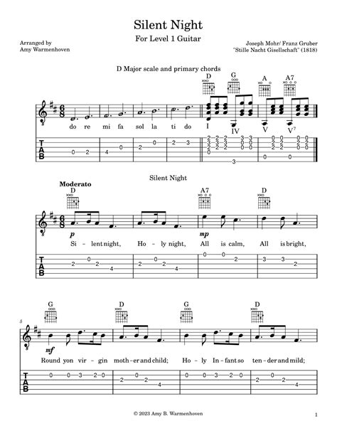 Silent Night Arr Amy Warmenhoven Sheet Music Franz Gruber Joseph Mohr Easy Guitar Tab