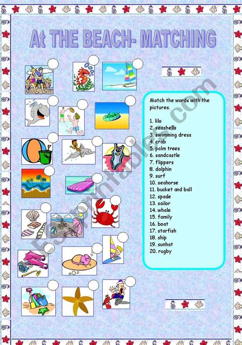 At The Beach Matching Esl Worksheet By Szabone M Eva