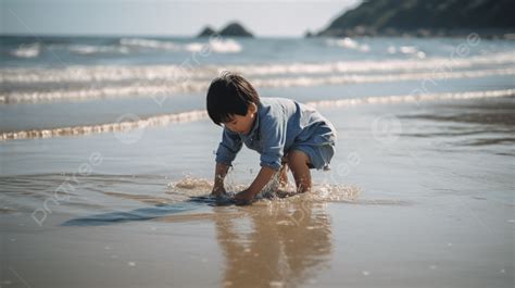 Anak Bermain Air Di Pantai Anak Laki Laki Bermain Di Laut Foto