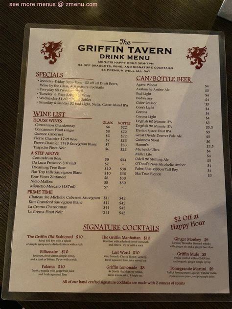 Menu at Griffin Tavern restaurant, Denver