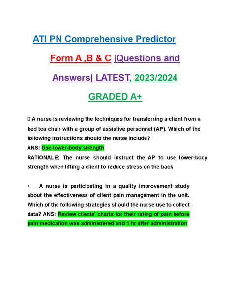 ATI PN Comprehensive Predictor Form A B And C Questions And Answers