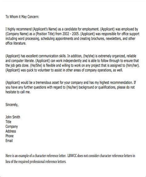 Character Letter Of Recommendation – Cover Letter Sample For Job Application