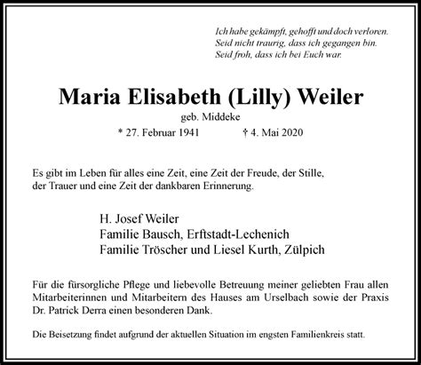 Traueranzeigen Von Maria Elisabeth Weiler Trauer Rheinmain De