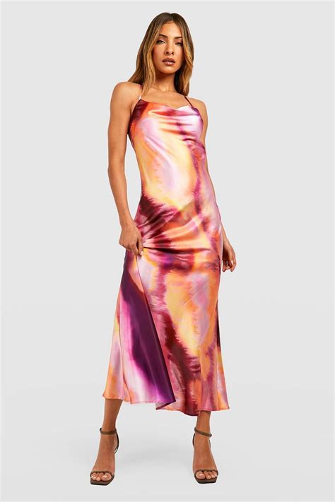 Abstract Satin Cowl Slip Dress Boohoo Uk