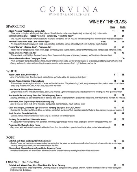 Corvina Fine Wine Resource Menu - Corvina Wine Company - West Allis, WI