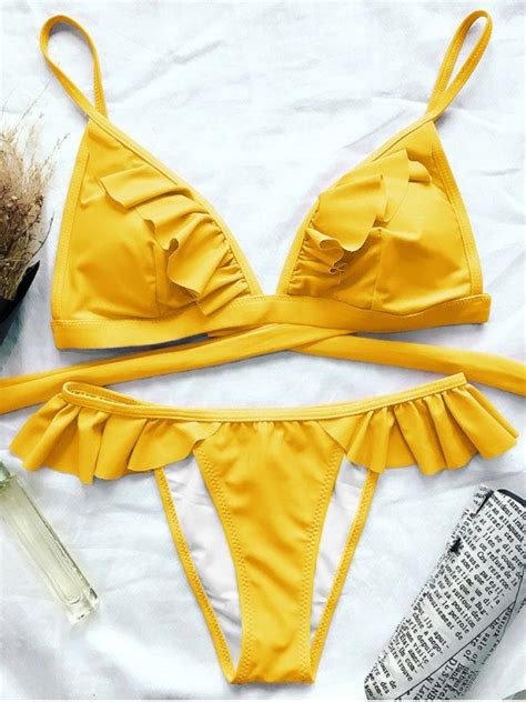 Off Cami Frilly High Leg Bikini In Yellow Zaful