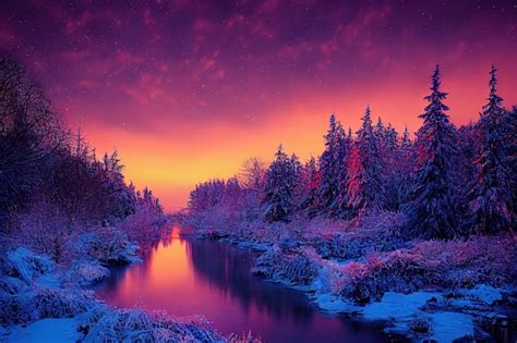 Premium Photo Winter Night Landscape Bright Purpleorange Sunset Over