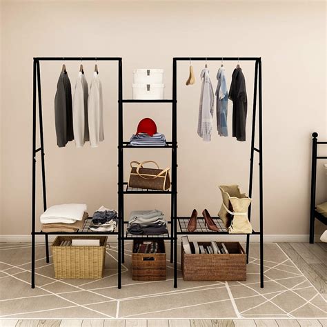 Buy Metal Garment Rack Free Standing Closet Storage Organizer W 6 Shelves And Hanging Barmetal