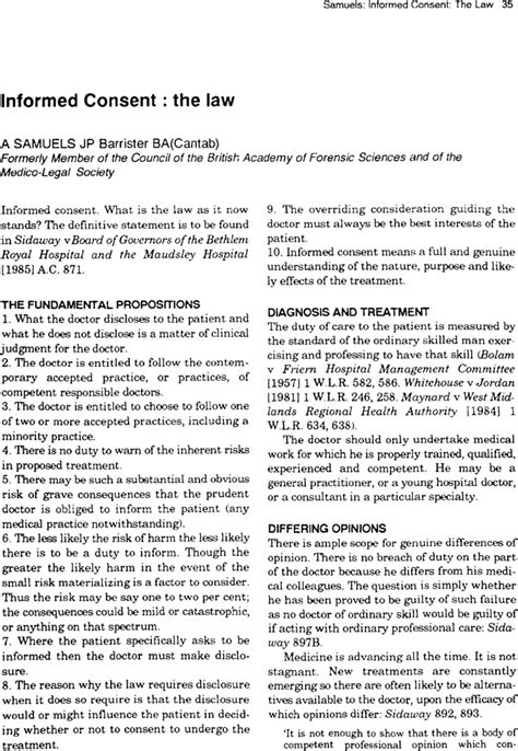 Informed Consent The Law A Samuels 1992