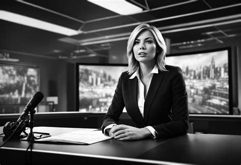 Lexica Black And White Illustration Female News Reporter Facing Camera Sitting On News