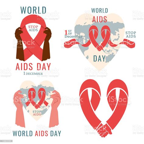 배너 전단지 포스터 웹에 대 한 에이즈 기호의 집합입니다 다른 색깔의 인간의 손 빨간 리본을 들고 국적 에이즈에 대한 인식