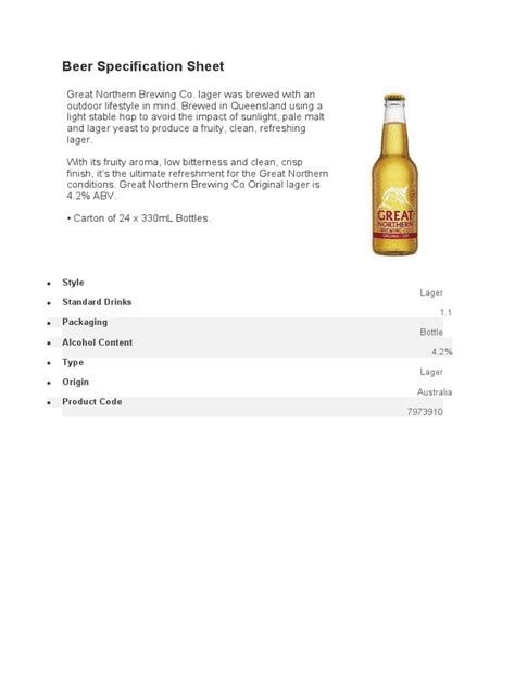 Beer Specification Sheet Great Northern Beer Spec Pdf