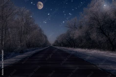 forest stars moon sky night snow road Stock Photo | Adobe Stock