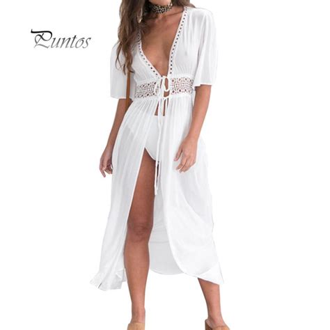 Cheap Women Solid Color Hollow Smock Long Bikini Cover Up Lacing