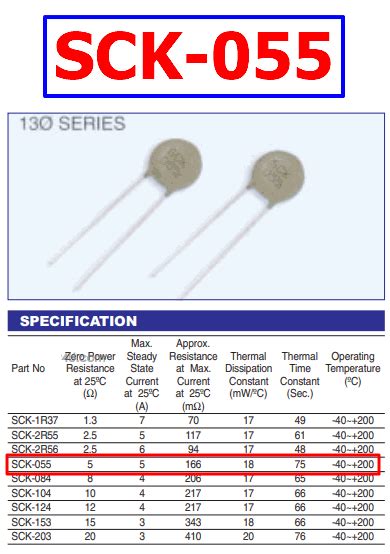 SCK 055 PDF Datasheet 5 Ohm 5A NTC Power Thermistor