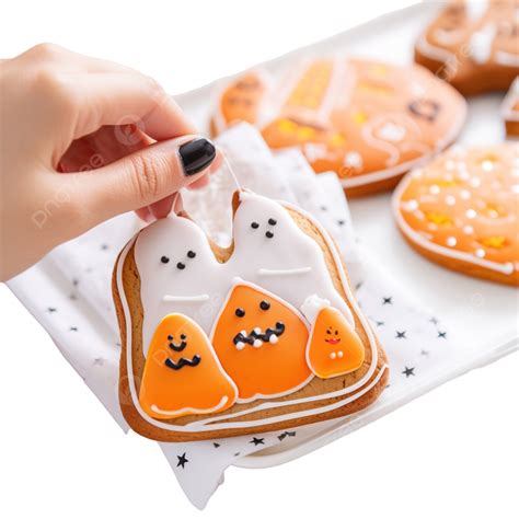 Close Up Of Decorating Cute Halloween Gingerbread Cookies With Frosting Icing Cream Topping Bag