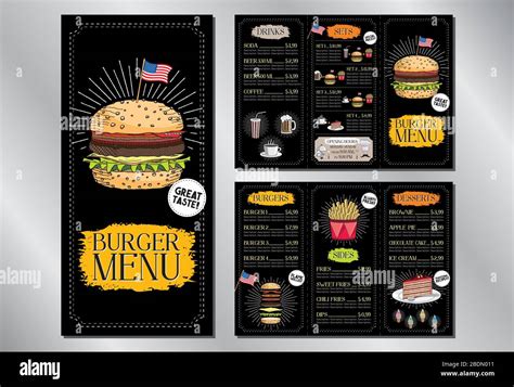 Burger restaurant / bar menu template flyer (burgers, french fries, desserts, drinks, sets) - 3 ...