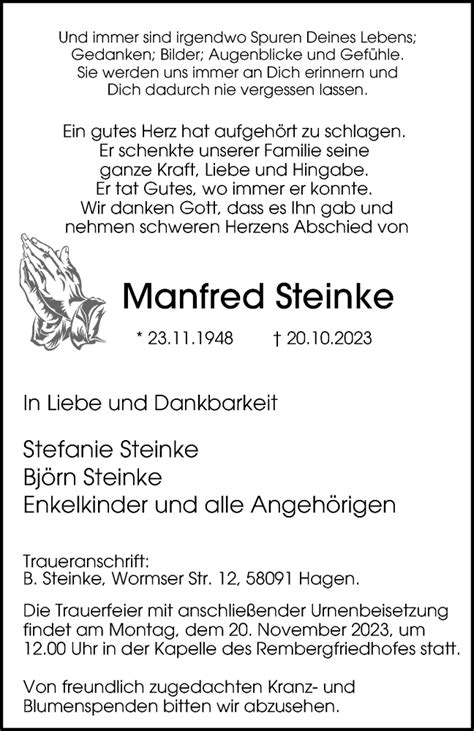 Traueranzeigen Von Manfred Steinke Trauer In NRW De