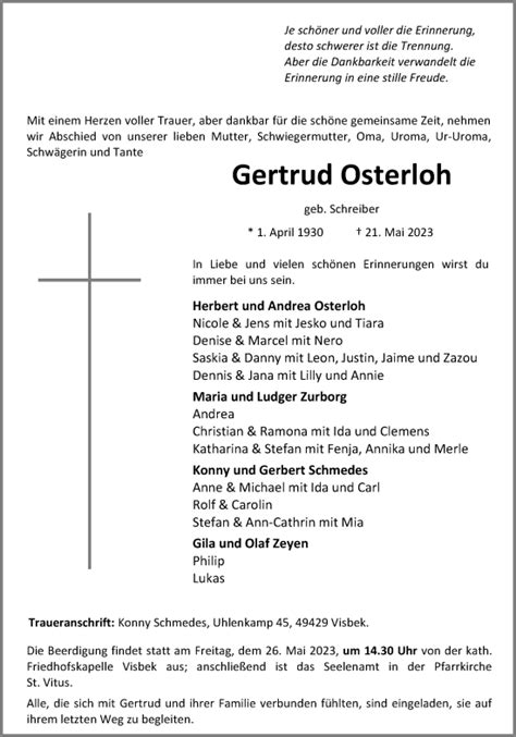 Traueranzeigen Von Gertrud Osterloh Om Trauer De