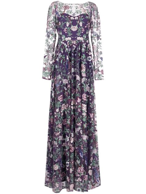 Marchesa Notte Botanical Embroidery Sheer Overlay Gown Purple Farfetch