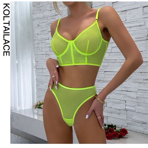 Koltailace Lace Lingerie Sexy Underwear Solid Seamless Set Woman 2 Piece See Through Bra And