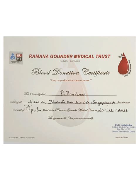 Ramkumar Blood Donation Certificate | PDF