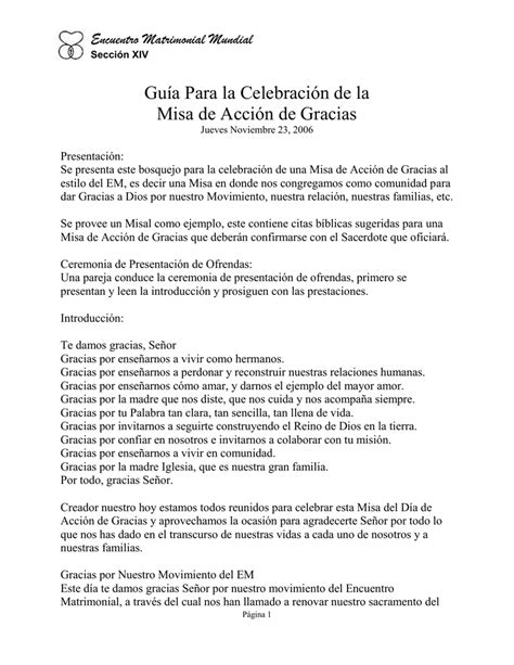 Guía Misa De Acción De Gracias