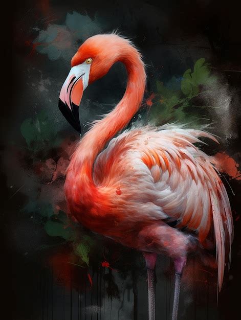 Une Peinture D Un Flamant Rose Avec Un Fond Noir Et Des Plumes Rouges