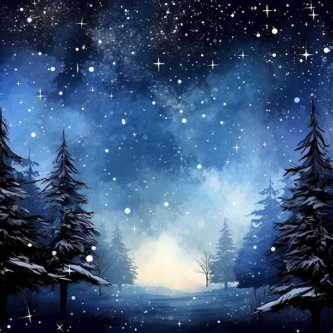 Premium Photo | Winter landscape with trees and stars in the sky