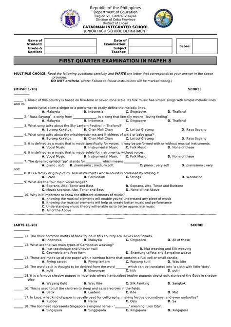 Mapeh 8 1st Quarterly Assessment Republic Of The Philippines