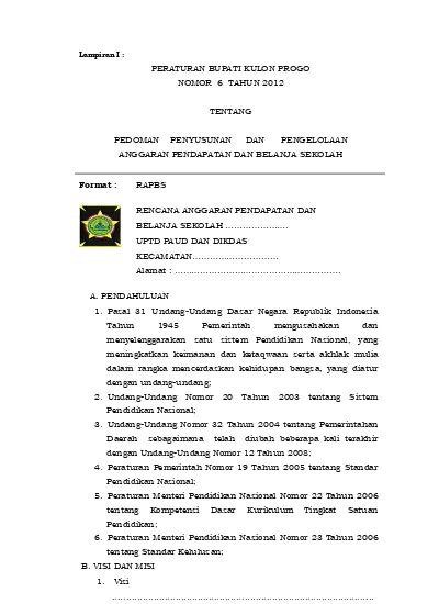 PERATURAN BUPATI KULON PROGO NOMOR 6 TAHUN 2012 TENTANG PEDOMAN