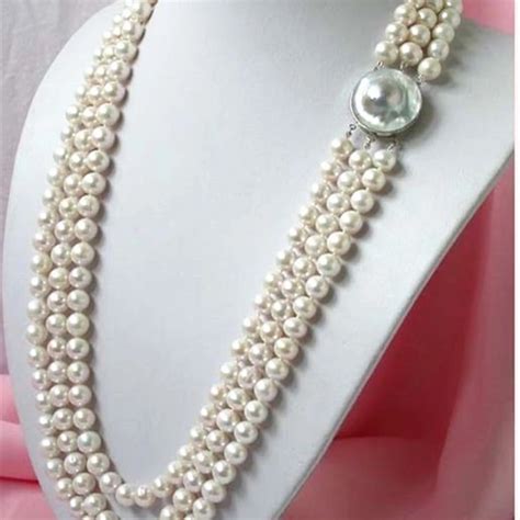 3 Rows 8 9mm Natural White Freshwater Cultured Pearl Necklace Round