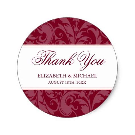 Burgundy Blush Pink Damask Swirl Wedding Thank You Classic Round