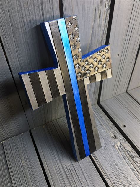 Thin Blue Line Leather Cross With Wood Backing Home By Sobleather