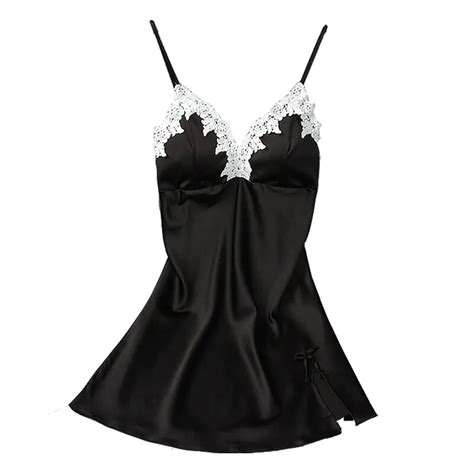 Sexy Black Women Nightwear Mini Nightgowns Female Deep V Straps Skirts