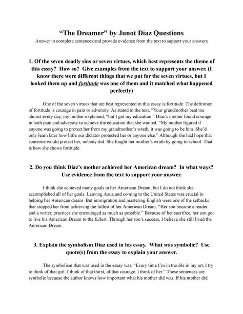 The Dreamer by Junot Diaz questions - “The Dreamer” by Junot Diaz