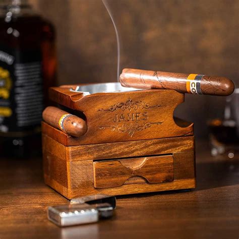 Custom Whiskey And Cigar Tray Glass Holder 2 In 1 Wooden Cigar Ashtray With Whiskey Glass Holder