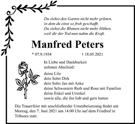 Traueranzeigen Von Manfred Peters Trauer Anzeigen De