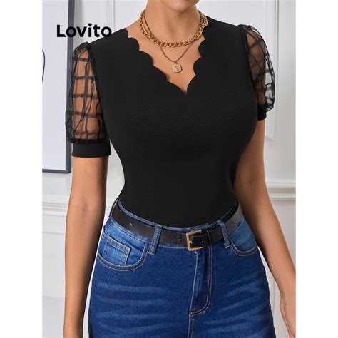 Lovito Blusa Feminina Elegante Gola Em Malha Lisa E Contrastante