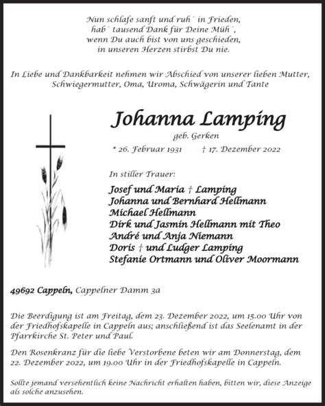 Traueranzeigen Von Johanna Lamping Om Trauer De