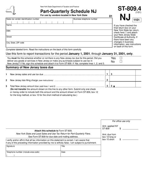 Fillable Online Tax Ny Form ST 809 4 January 2001 Part Quarterly