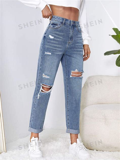 Shein Ezwear High Waist Ripped Mom Fit Jeans Shein Usa