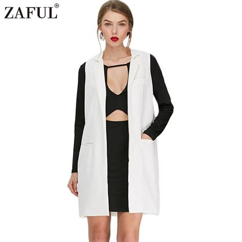 Zaful Women White Solid Long Vest Coat Sleeveless Jacket Laides Split