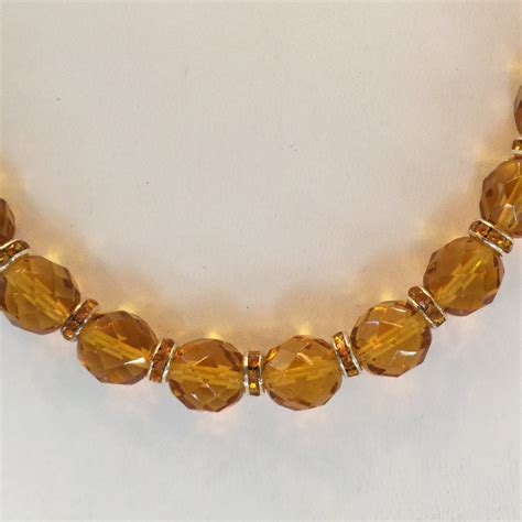 Golden Topaz Crystal And Rhinestone Beaded Gold Tone Necklace