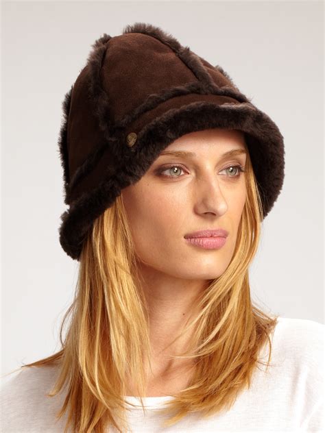 Ugg Shearling Trim Sheepskin Bucket Hat In Chocolate Brown Lyst