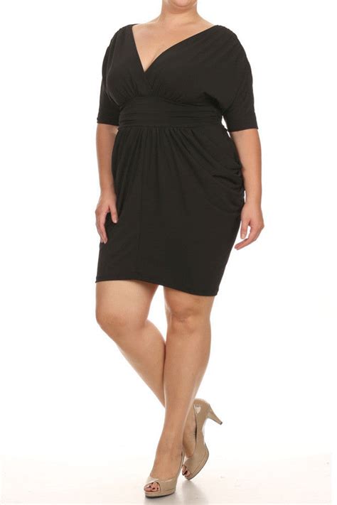 Plus Size Divine V Neck Pleated Black Dress Plussizefix