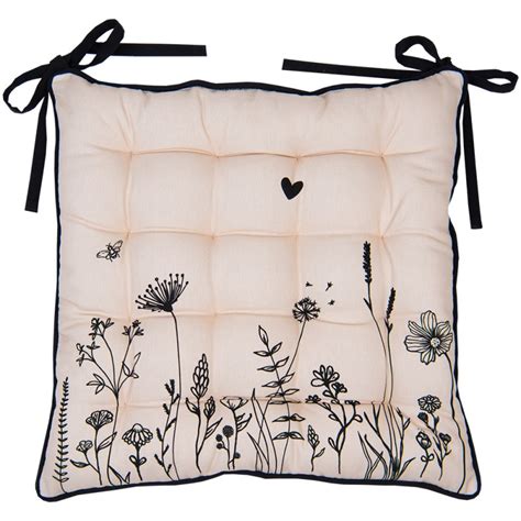 Clayre Eef Chair Cushion Foam 40x40x4 Cm Beige Black Cotton Flowers