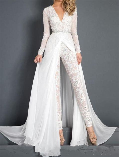 Lace Chiffon Wedding Dress Jumpsuit Beaded Beach V Neck Bridal Gown